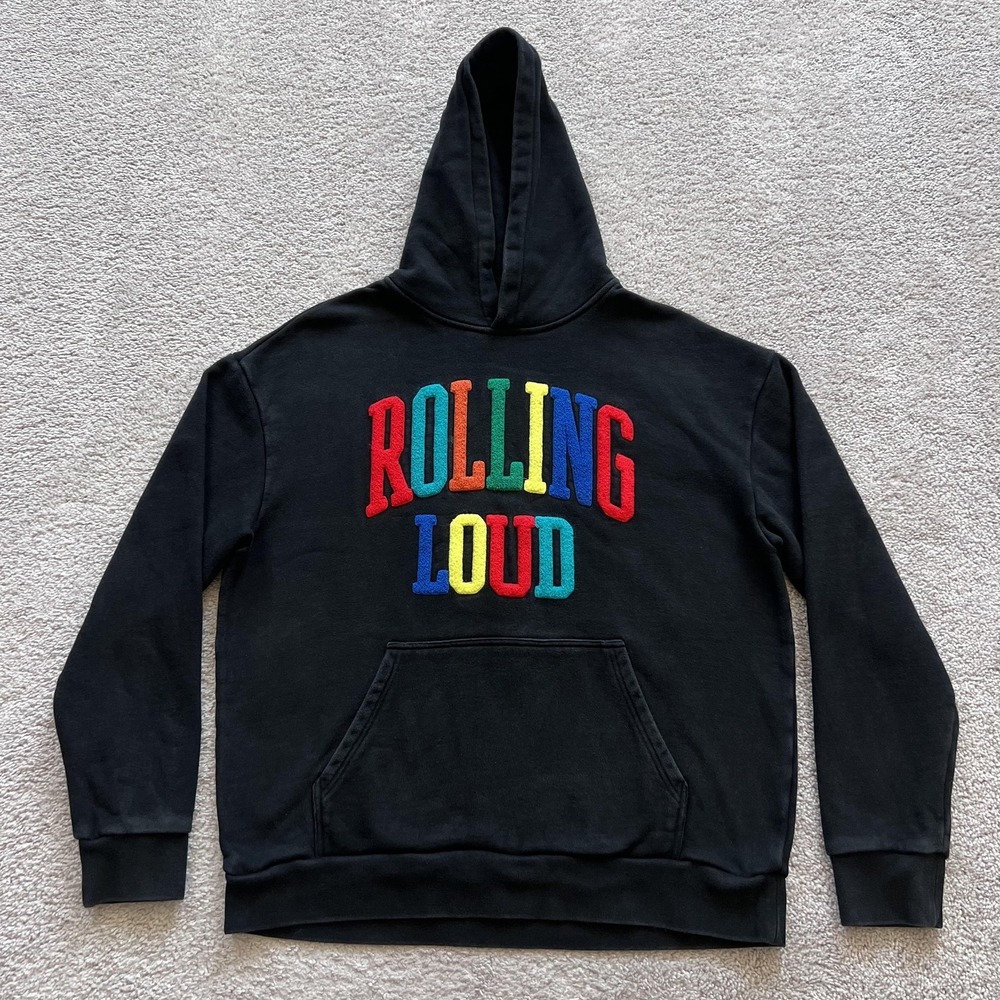 Rolling Loud Chenille Multi Color Logo Hoodie Mens Large Black Pullover Fleece
